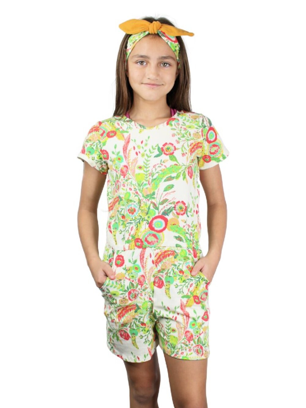 Boho Shorts Romper, Girls Size 10 Jumpsuit, Floral Headband